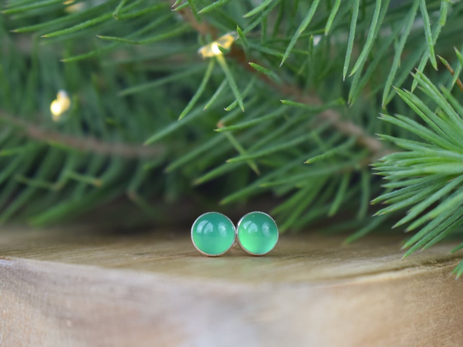 Green Agate Silver Stud Earrings - Gemstone Studs