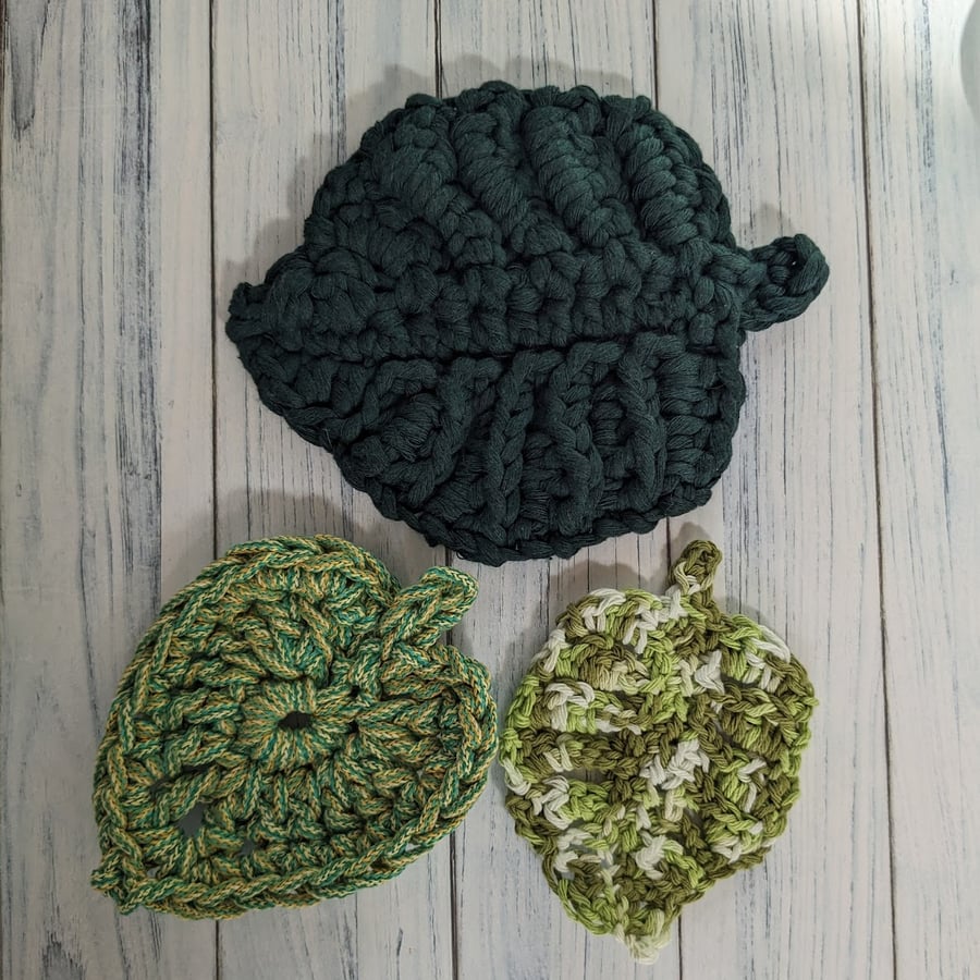 Leaf coaster, recycled yarn, chunky coaster, Perfectly Imperfect 