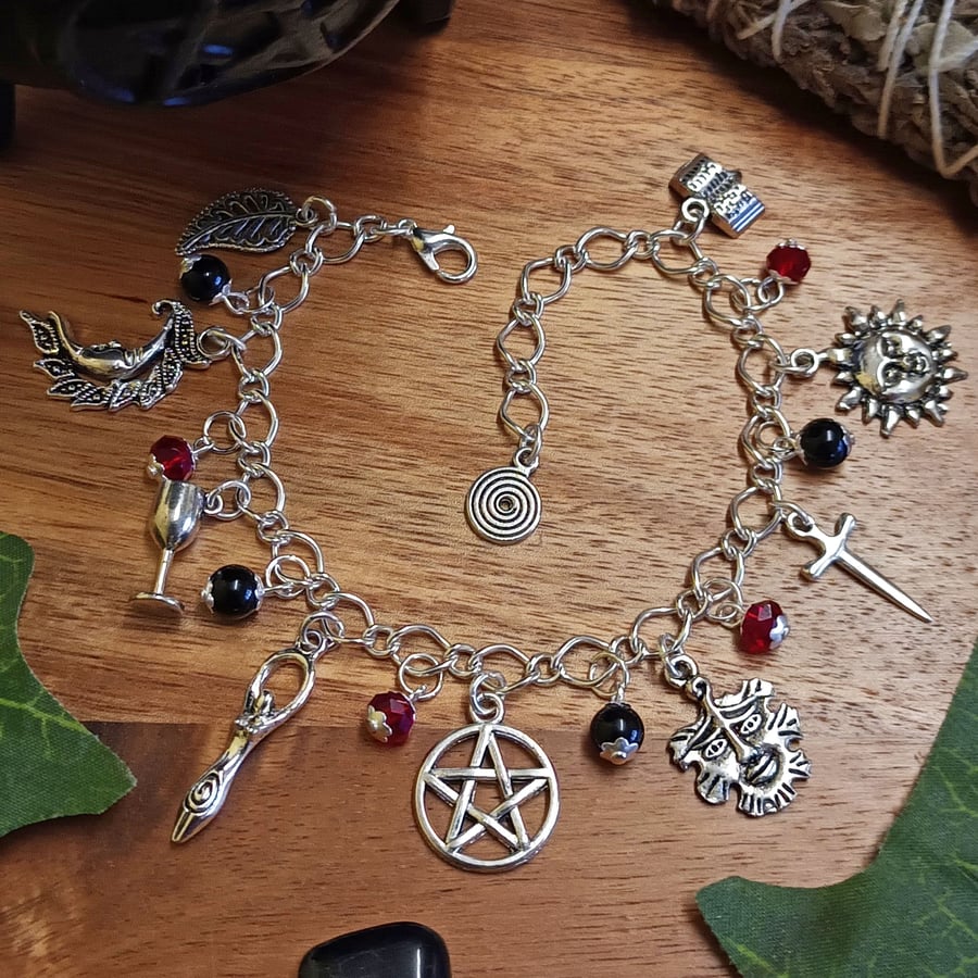 Wiccan Witch Charm Bracelet in Gothic Tones Handmade Pagan Jewellery Witchcraft