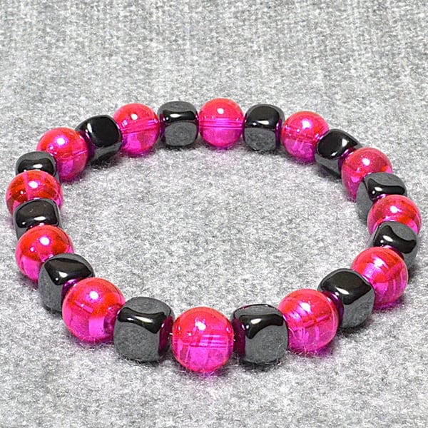 Bright Pink Chunky Glass Beads and Hematite Cube Elastic Bracelet