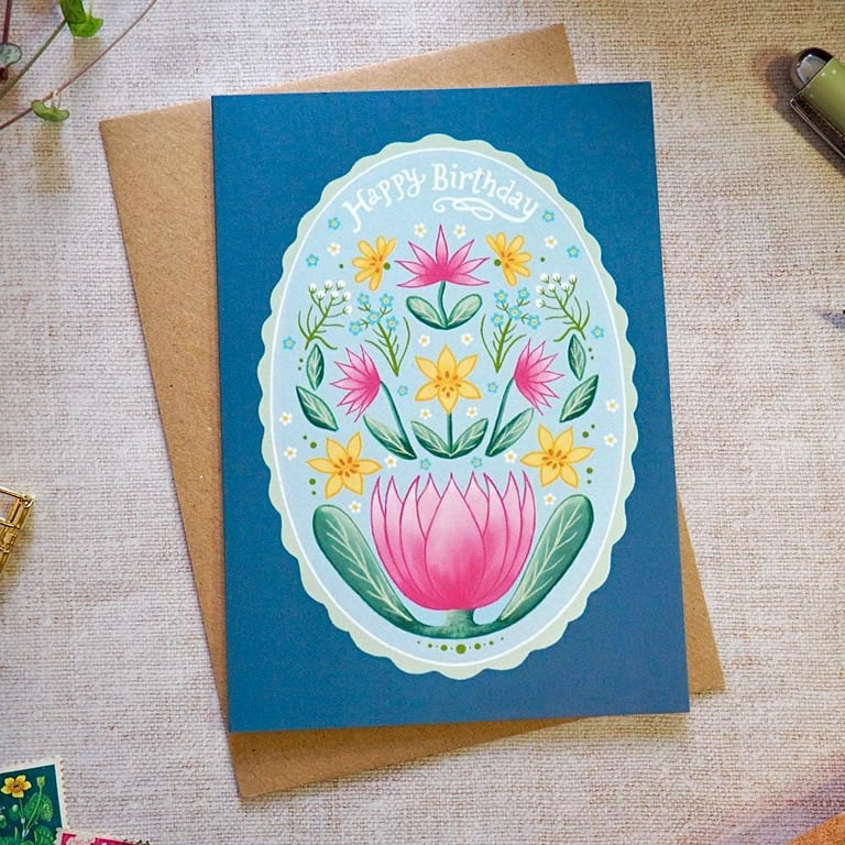 Folk Art inspired Waterlily & Daisy Birthday Card