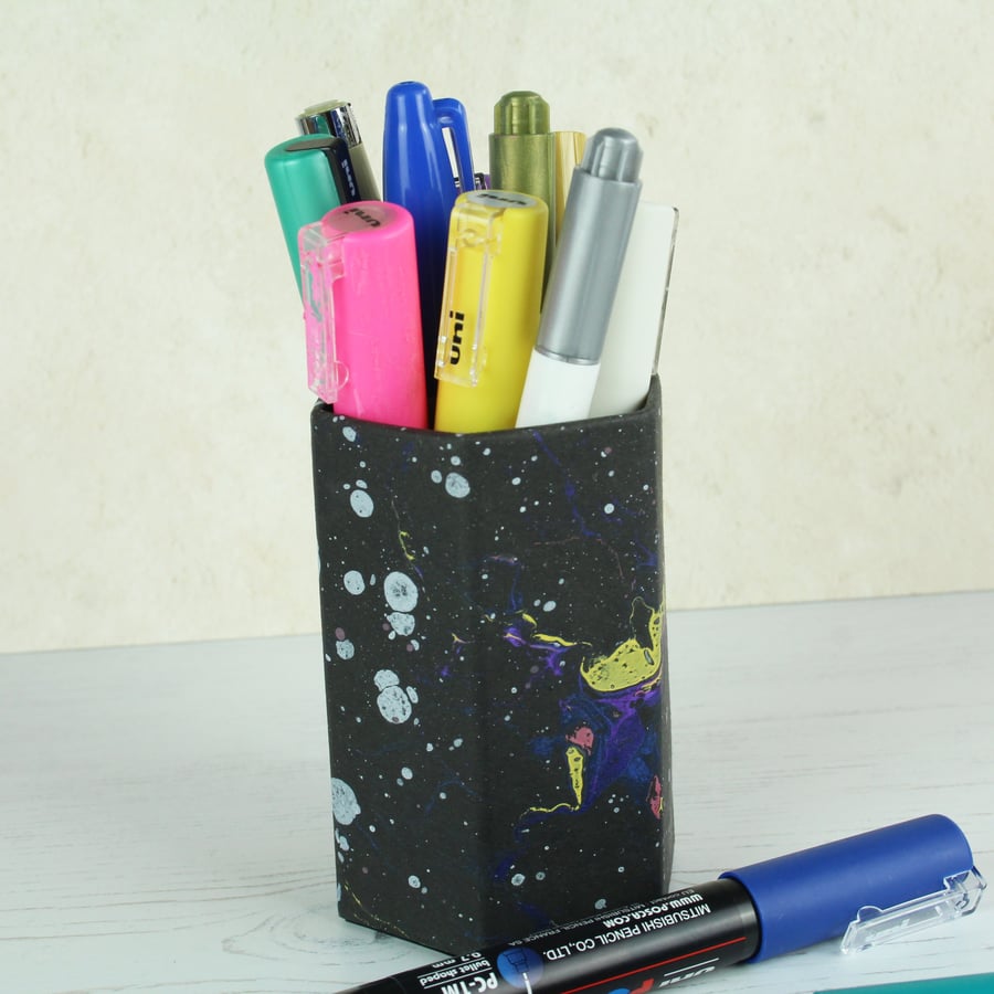 Marbled paper pencil pot space themed stationery
