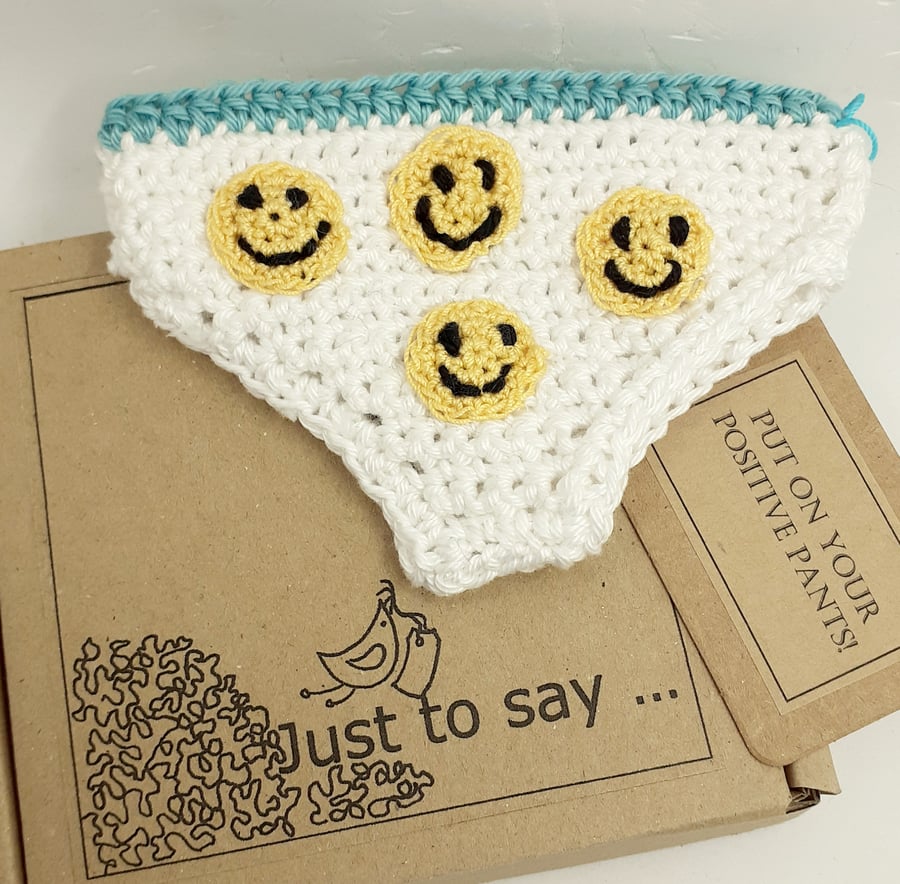 Crochet Positive Pants Hanger - Alternative to a Greetings Card