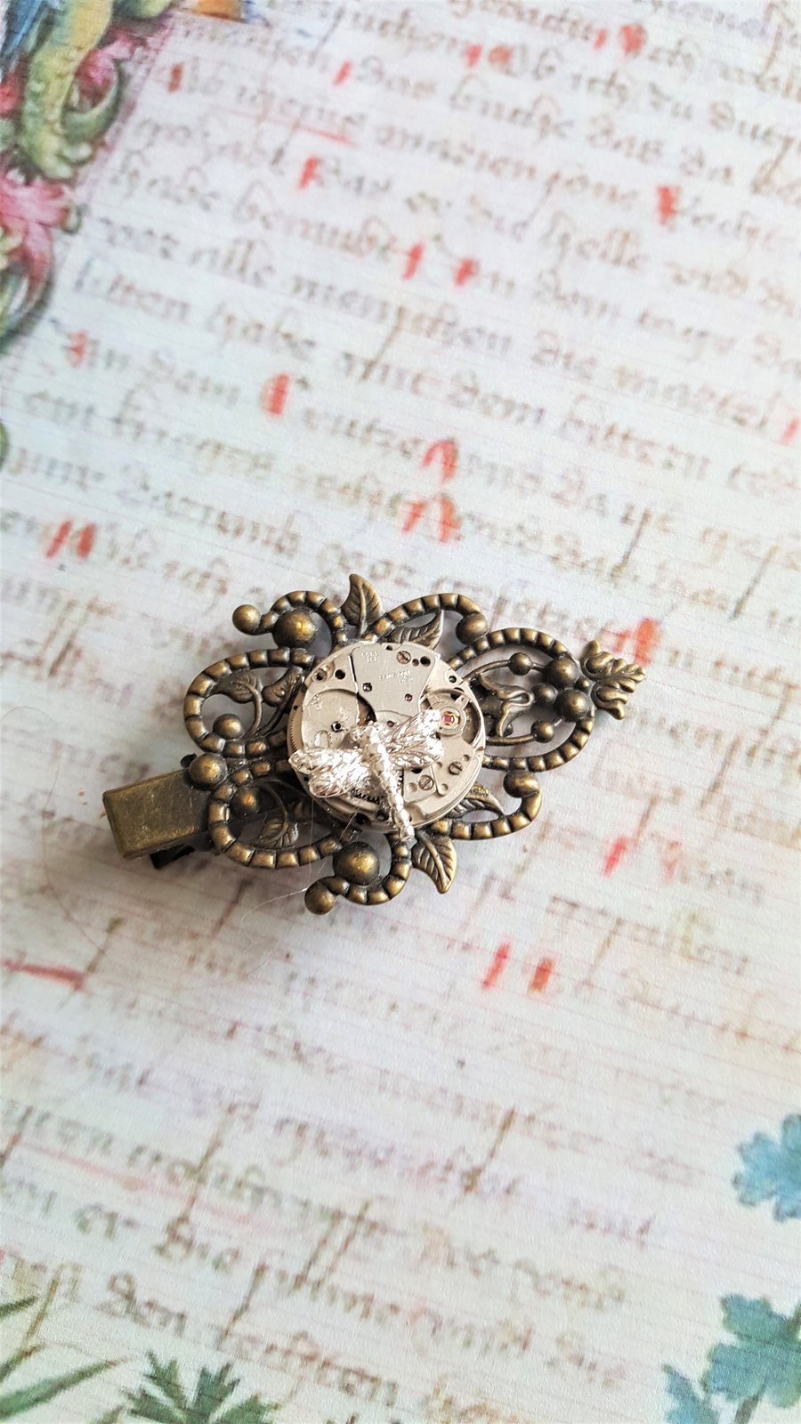 Steampunk Dragonfly Hair Clip Vintage Watch Movement Sterling Silver