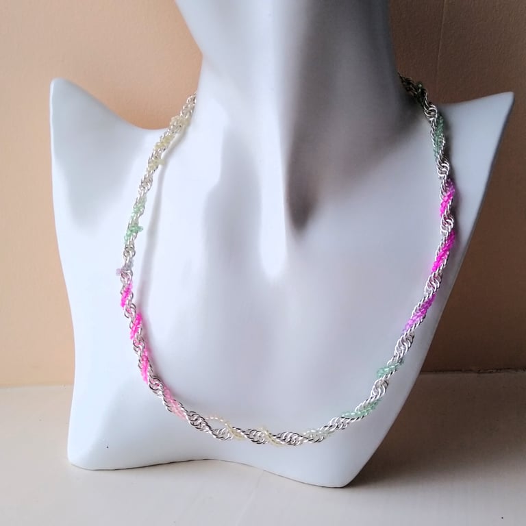 Handmade Silver Chainmaille Twisted Chain with Pastel Rainbow Crystal 17-19 Inch