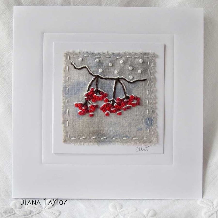 EMBROIDERED WINTER BERRIES CARD CHRISTMAS WINTER
