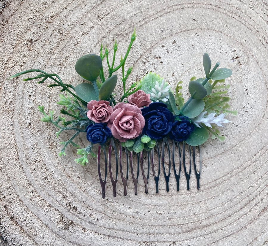 Flower hair comb in navy and dusky pink 