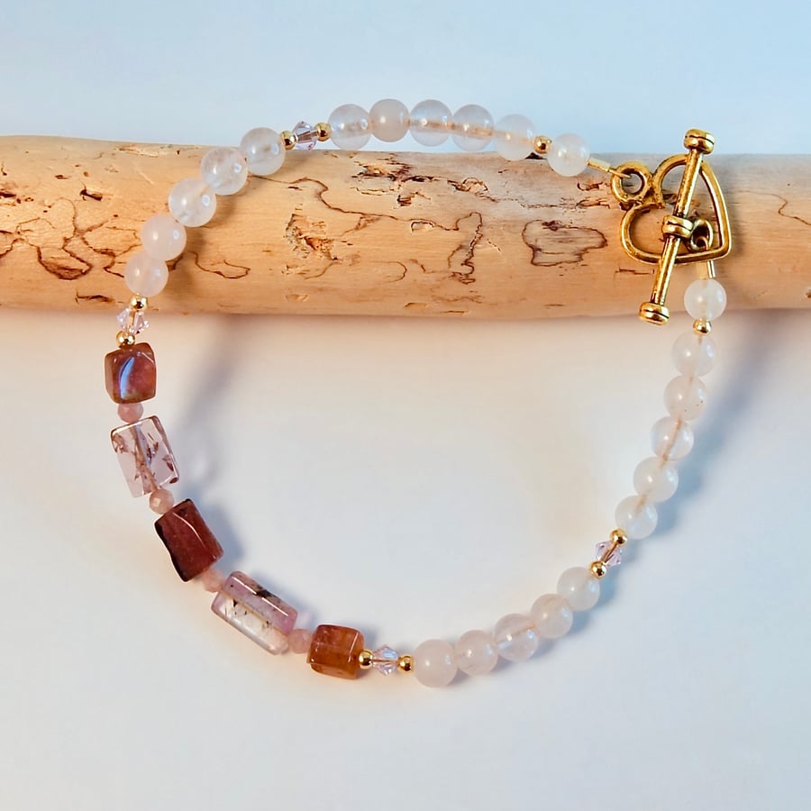 Pink Tourmaline & Rose Quartz Bracelet, October Birthday, Secret Santa gift