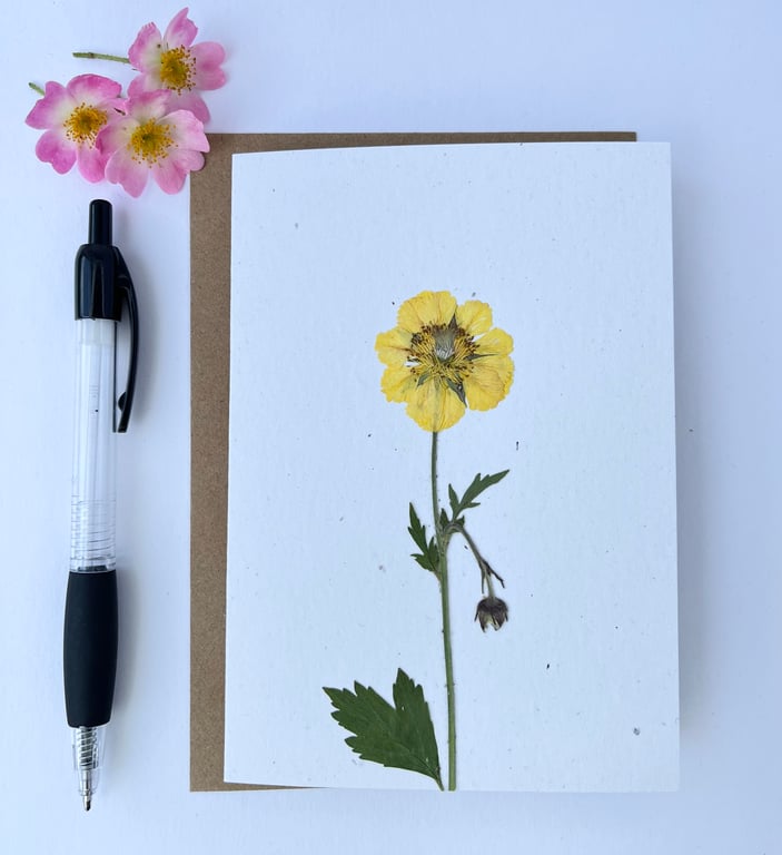 Handmade Real Pressed Flower Personalised Greeting Card, Geum