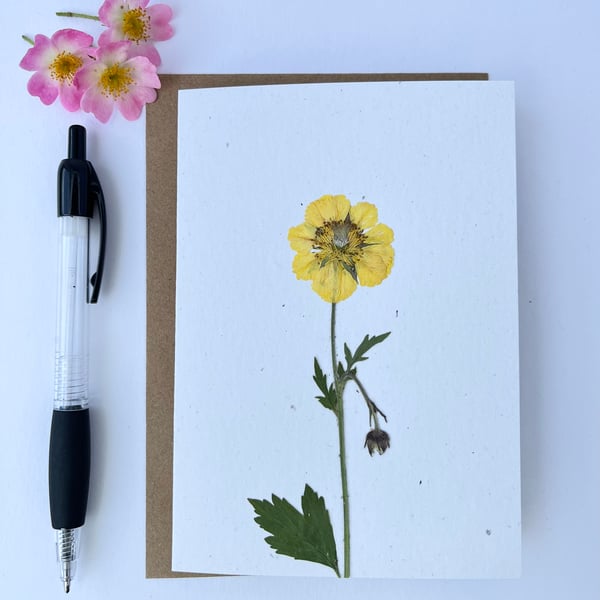 Handmade Real Pressed Flower Personalised Greeting Card, Geum