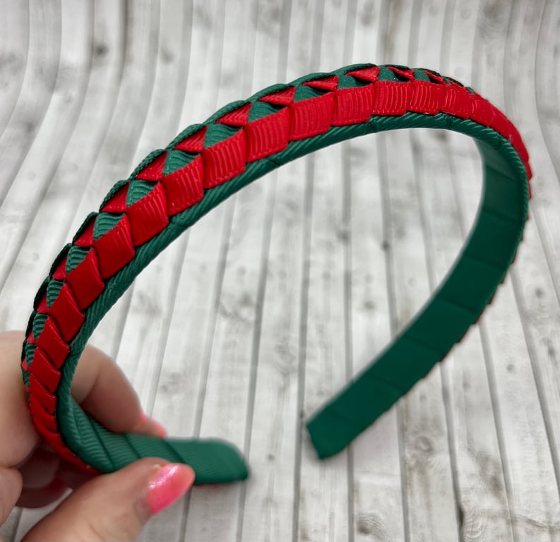School Hunter Green and Red Pleated Hairband