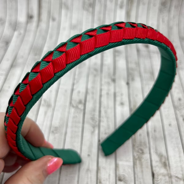 School Hunter Green and Red Pleated Hairband