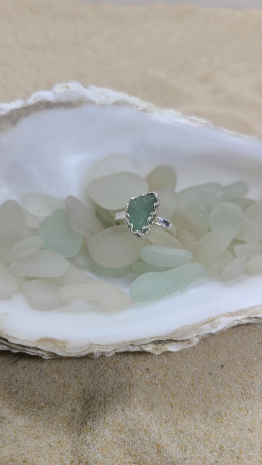 Pale Sage green sea glass and silver ring SG23
