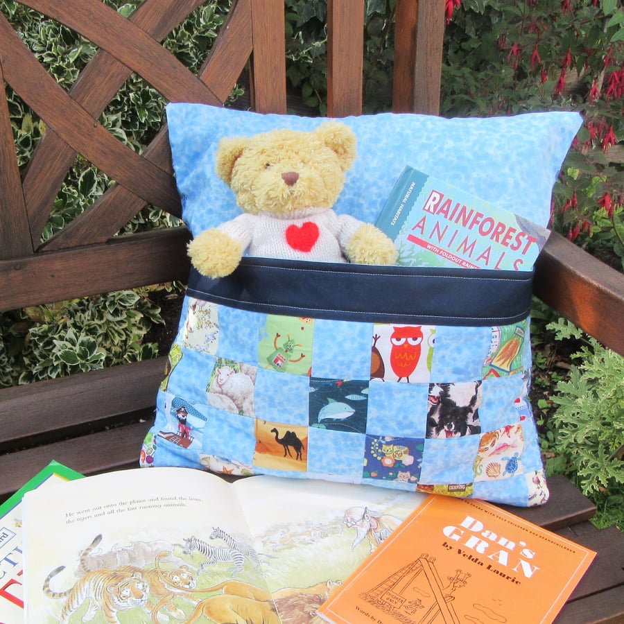 Cushion Cover with Storage Pocket for Books and Toys