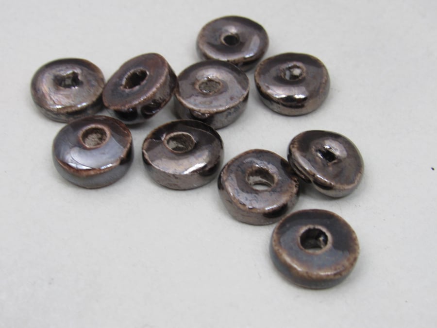 10 Small Bronze Glazed Ceramic Washer Beads