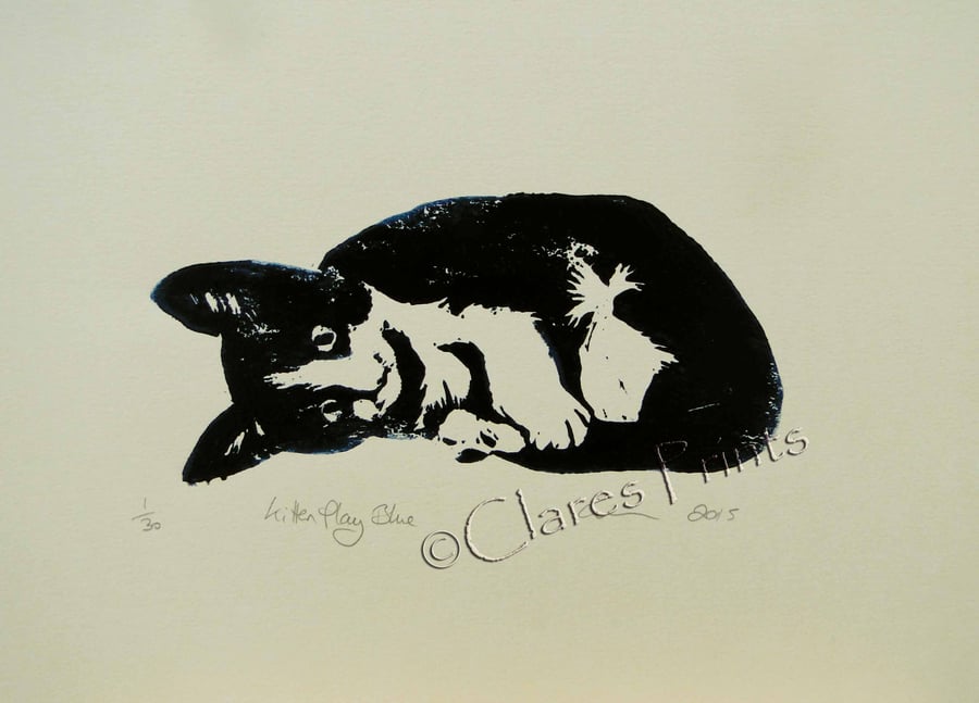 Cat Art Print Kitten Play Bue Limited Edition Hand-Pulled Linocut Art