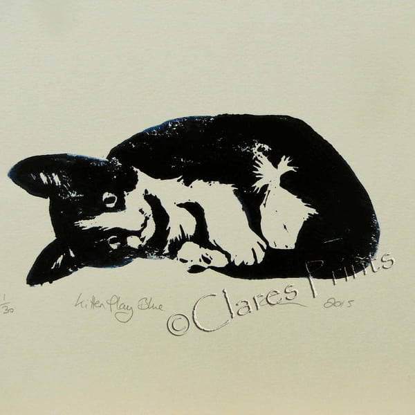 Cat Art Print Kitten Play Bue Limited Edition Hand-Pulled Linocut Art