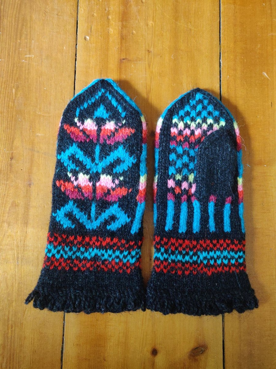 Hand knit wool mittens black blue red pink traditional fairisle nordic christmas