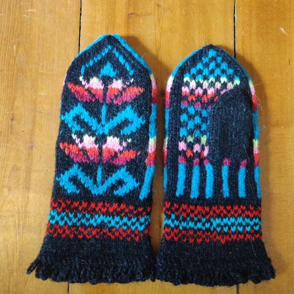 Hand knit wool mittens black blue red pink traditional fairisle nordic christmas