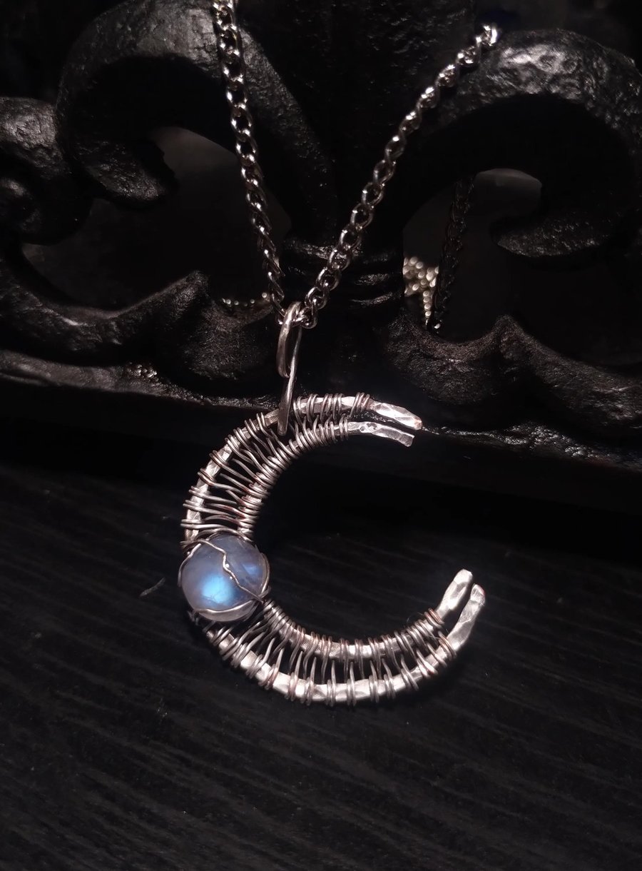 Rainbow Moonstone Moon Gothic WireWrap Pendant, Gemstone Silver WireWrapped Got