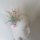 Rainbow Pastel Yellow Aqua & Pink Feather Plume & Pearl Comb Fascinator 