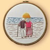 Embroidered beach art, love and friendship in old age, grandparents,Mother’s Day