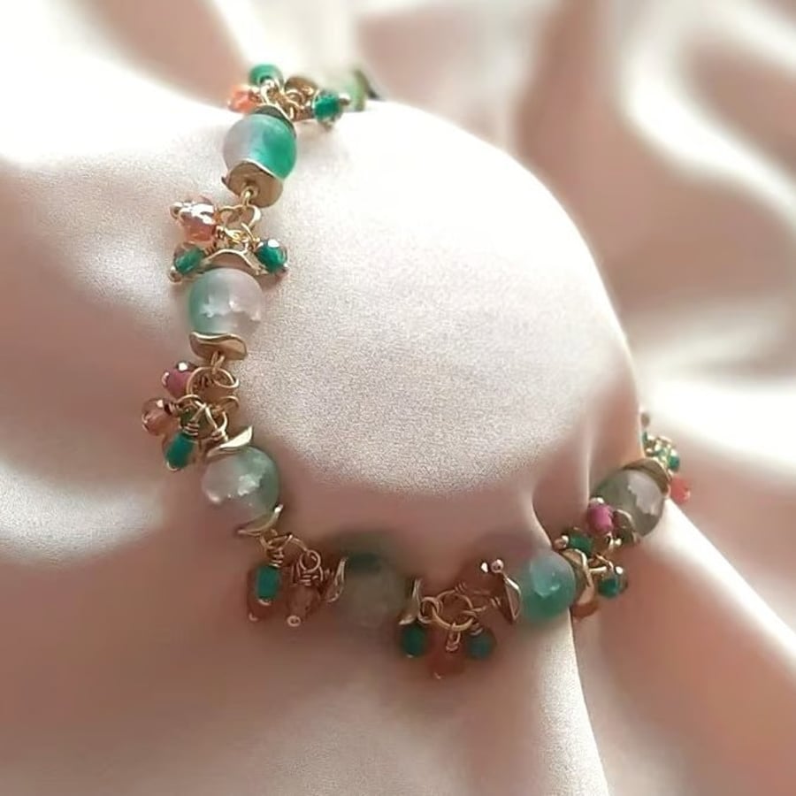 Beaded charm bracelet dainty beads  green