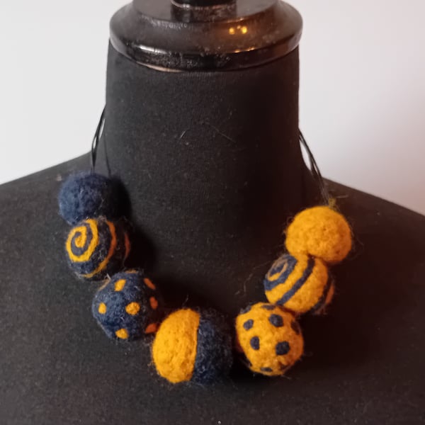 Needle Felted Navy and Yellow Necklace