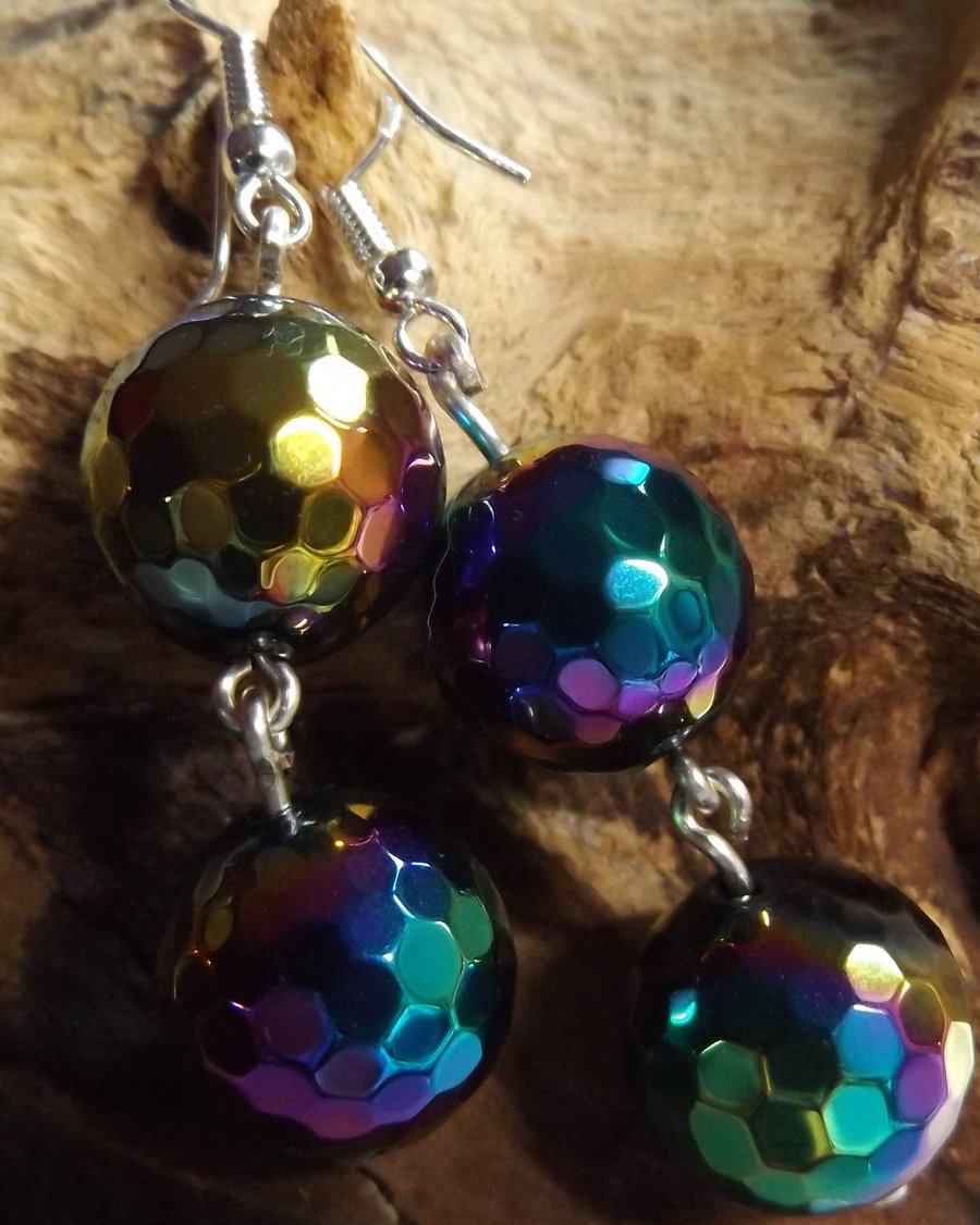Rainbow coloured coated agate faceted beaded earrings