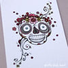 little sugarskull with pink flower - original aceo