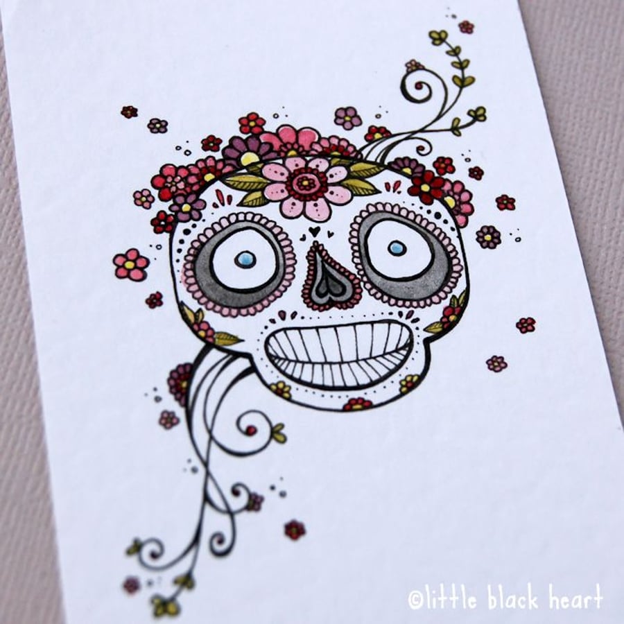 little sugarskull with pink flower - original aceo