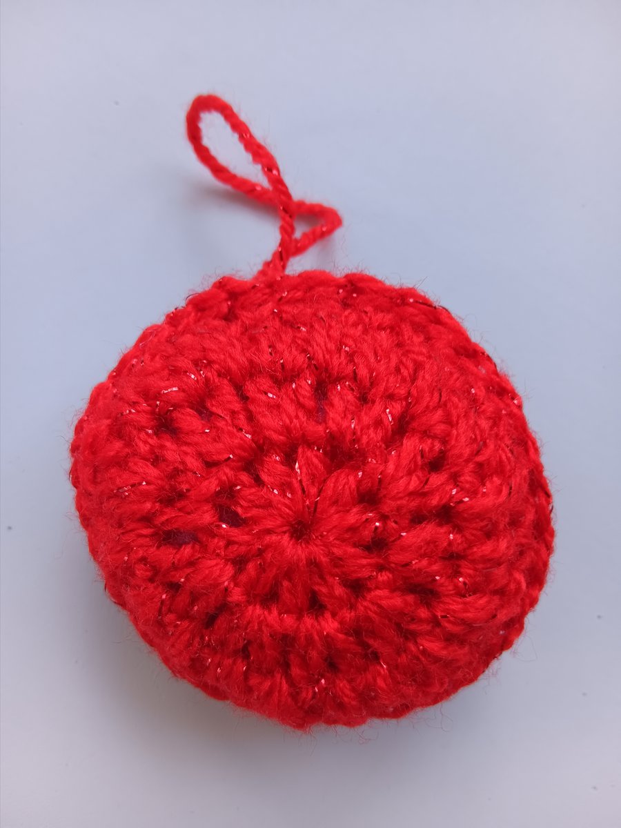 Crochet Christmas Bauble (Red Glitter) - festive decoration