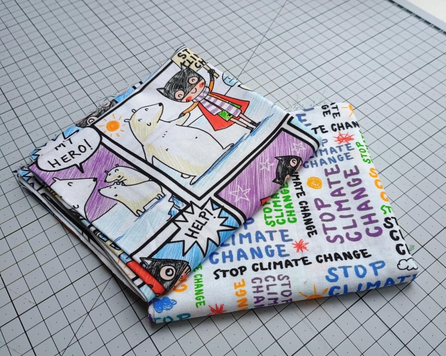 Quilting FQ - kids ECO theme quilting cotton - Climate Heroes and Eco messages