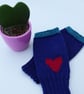 Hearts Knit Fingerless Mitts - Navy Blue & Cherry Red - Image 3