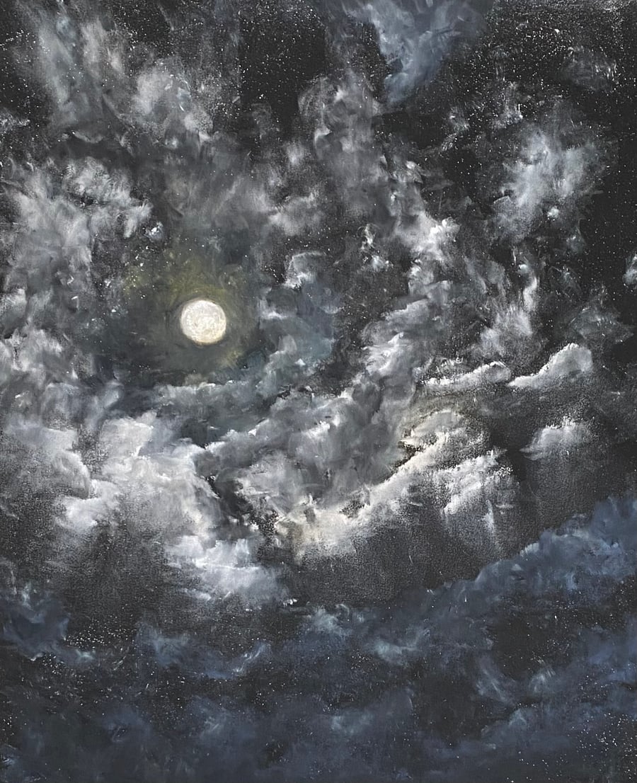 Original signed Moon Art, Celestial Flight, Framed Pastel Painting. 