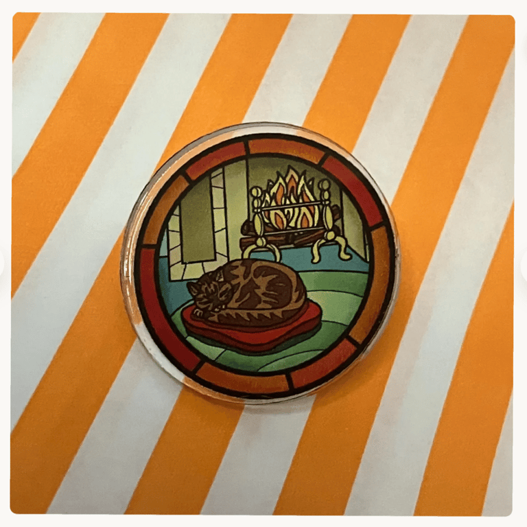 Stained glass window style pin brooch - Milly sleeping by the fire