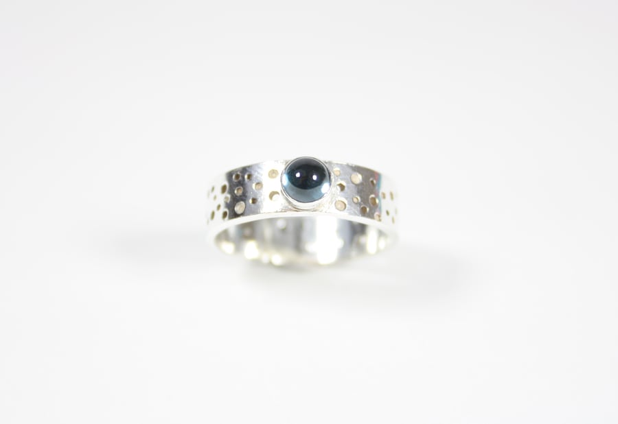 Handmade Silver Ring with Drilled Hole Pattern and 5mm London Blue Topaz