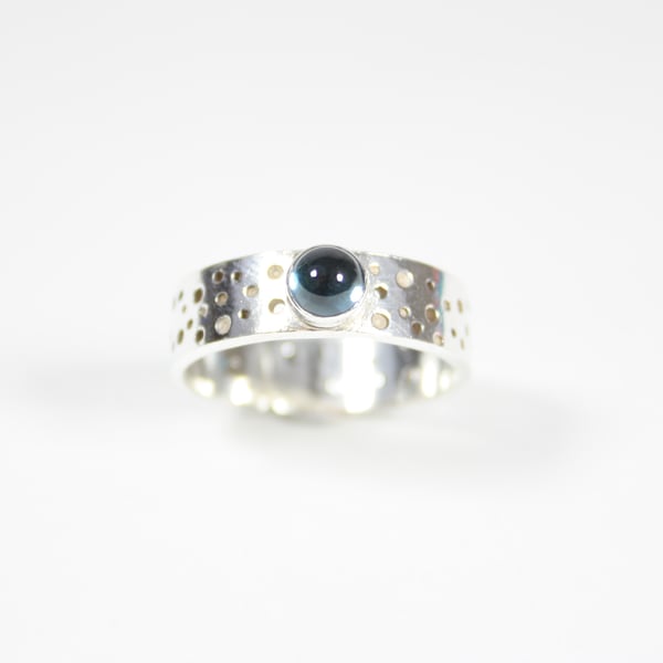 Handmade Silver Ring with Drilled Hole Pattern and 5mm London Blue Topaz