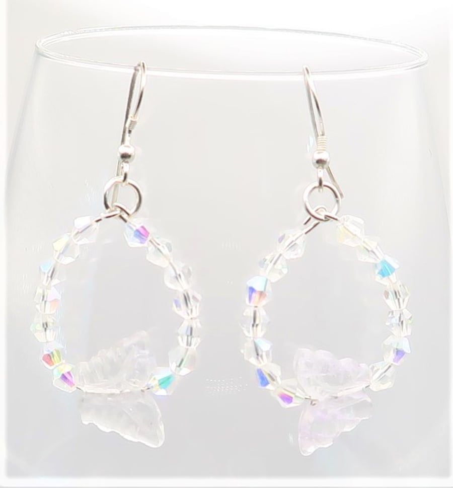 Swarovski Crystal and Quartz Butterfly Dangly Hoop Earrings. Free P&P