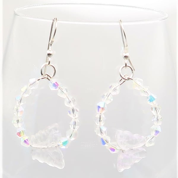 Swarovski Crystal and Quartz Butterfly Dangly Hoop Earrings. Free P&P