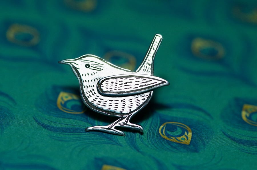 Little Wren lapel pin - Handmade Sterling silver pin badge