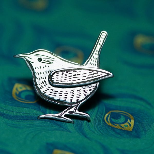 Little Wren lapel pin - Handmade Sterling silver pin badge