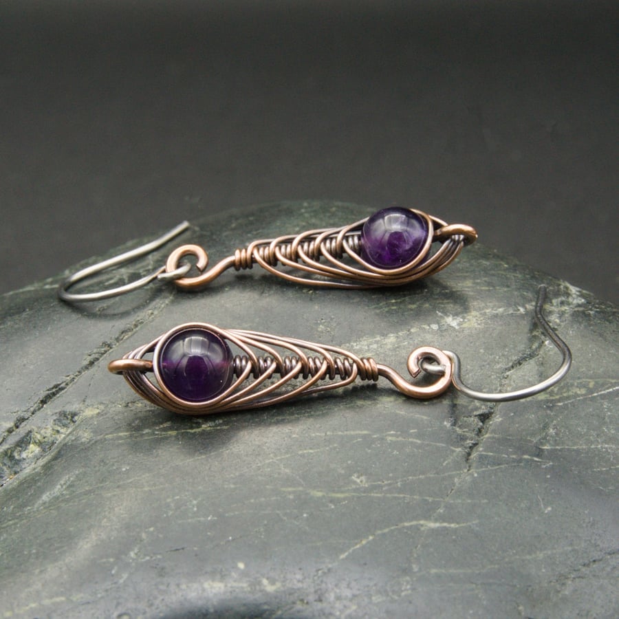 Copper Wire Wrapped Herringbone Drop Earrings with Purple Amethyst Beads