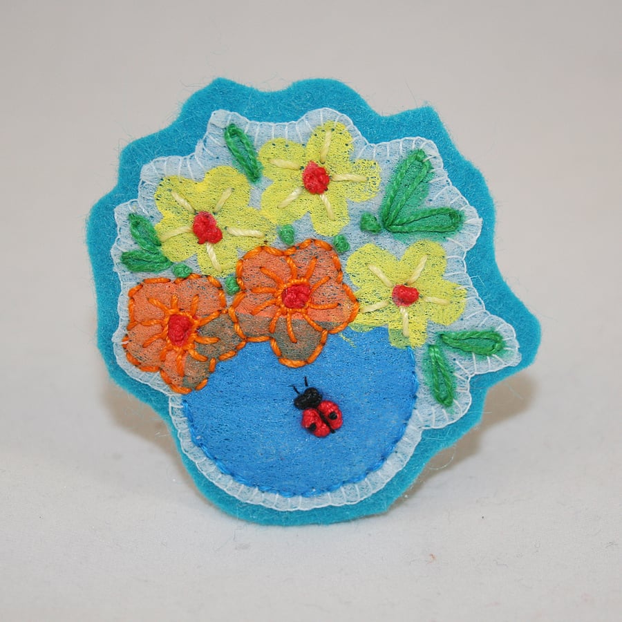 Ladybird  Brooch Blue Flower Bowl - painted and stitched