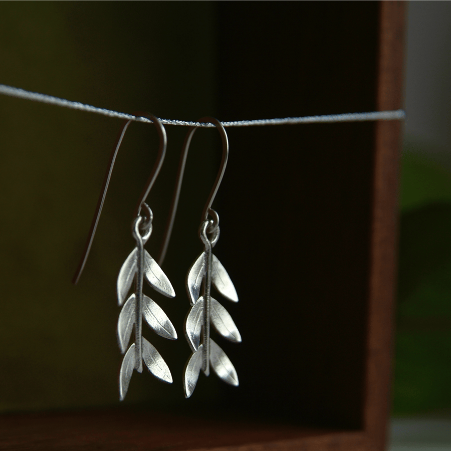 Silver Olive Branch Earrings, Sterling Silver Handmade Drop Leaf Earring 