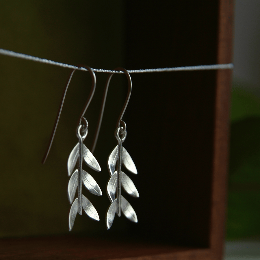 Silver Olive Branch Earrings, Sterling Silver Handmade Drop Leaf Earring 