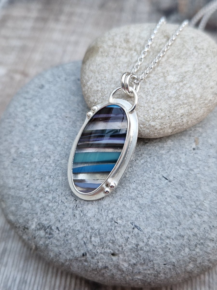 Sterling Silver and Surfite Blue Stripey Pendant Necklace