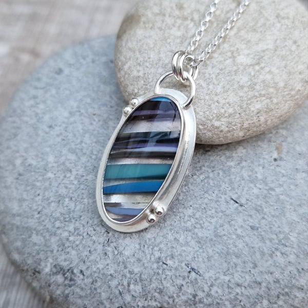 Sterling Silver and Surfite Blue Stripey Pendant Necklace