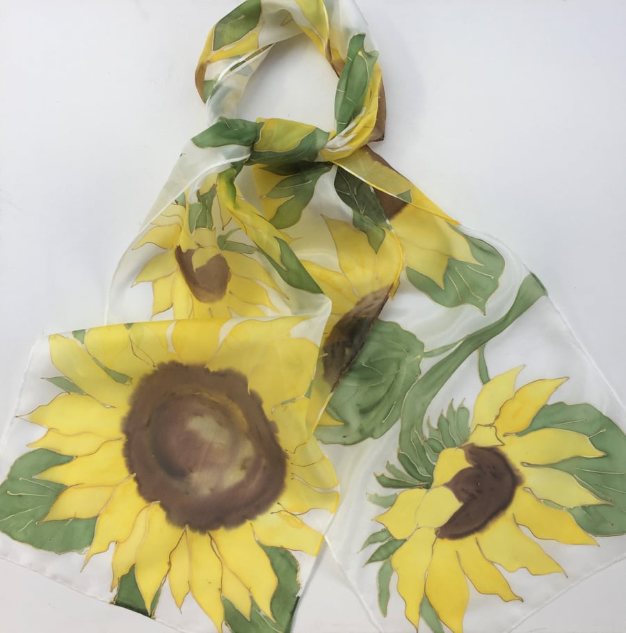 Sunflowers hand painted silk scarf