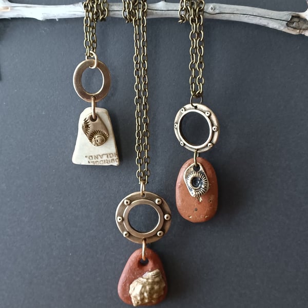 Bronze and brick or ceramic pendant, recycled, unique
